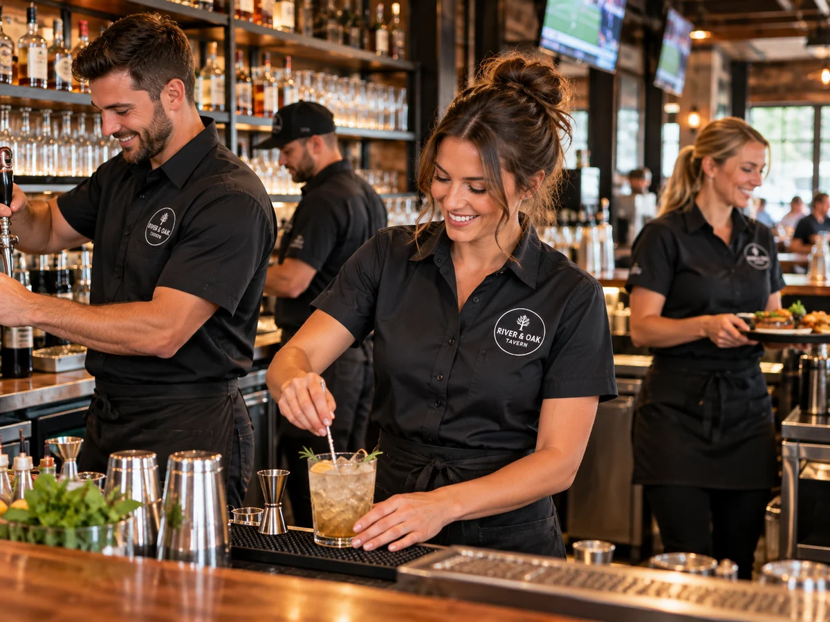 Bar staff in matching embroidered work shirts and aprons, an example of employee uniforms