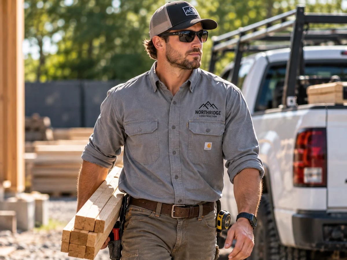 Embroidered logo work shirt and trucker hat, an example of custom workwear